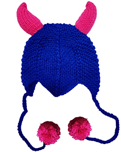 BIBITIME Funny Handmade Knitted Horn Beanie Hanging Pom Ball Earmuff Hat Cap (One Size for Adult, Blue)