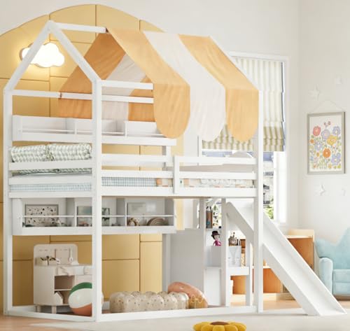 Image of Bellemave Bunk beds Full Over Full with Slide and Stair and Bookshelf House roof Design, Low bunk /loft Bed for Kids,White