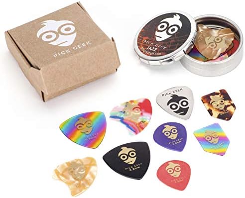 Pick Geek Jazz | 18 Cool Custom Assorted Guitar Picks Plectrums Set for your Electric, Acoustic, or Bass Guitar | X Heavy, Heavy, Medium, & Thin Light | Presented in a Luxury Designed Metal Pocket Box