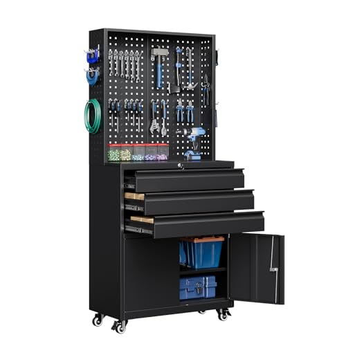 Image of Yizosh Metal Garage Storage Cabinet with Wheels,3-Drawer Rolling Tool Cabinet with 2 Door and Adjustable Shelves,- 71 inch Steel Tool Cabinet for Warehouse,Garage,Workshop