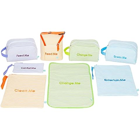 Easy Baby - Diaper, Bottle, and Supplies - Organizer Pouches and Changing Pad - Change, Feed, Dress, and Clean Me (8 Pack Seersucker) | Organizing Packing Tote Cubes for Baby Items Cover