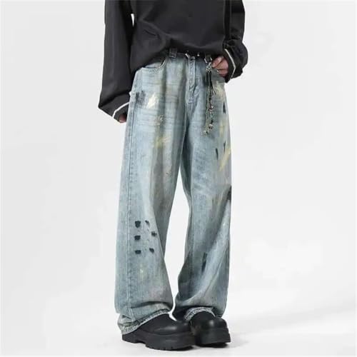Men’s Niche Splash-Ink Design, Contrast Color, American Style Loose Straight Wide Leg Denim Pants4