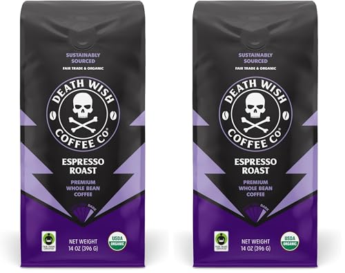 Image of Death Wish Coffee, Whole Bean Espresso Roast - Organic, Fair Trade, Arabica and Robusta Coffee Beans, 14 ounce (Pack of 2)