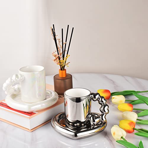 Koythin Ceramic Coffee Mug With Saucer Set, Cute Creative Electroplated Cup With Gourd Handle Love Heart Shape Design For Office And Home, 10 Oz/300 Ml For Latte Tea Milk (Elegant Silver) #TOP2