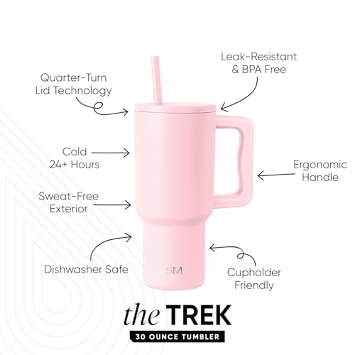 Simple Modern 30 oz Trek Tumbler with Handle and Straw Lid | Cup Holder Friendly Insulated Stainless Steel Travel Mug | Blush