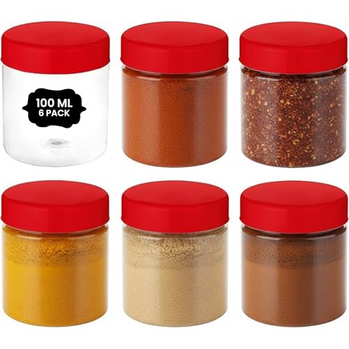 ANGIX 6 x 100ml Plastic Storage Jars with Screw Top Lids, Airtight Food Storage Containers for Kitchen, Food, Spices, Herbs & Sweets, Clear Canister Pots (RED)