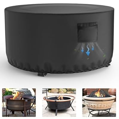 Mrrihand Fire Pit Cover Round, Waterproof and Air Vent Full Coverage Patio Fire Pit Cover, Outdoor Fire Pit Cover with Adjustable Drawstring and handle, 44"DIA*24"H, Black