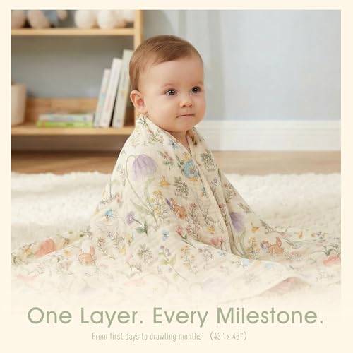 Image of 6-Layer Muslin Baby Blanket Made with Organic Cotton - Enchanting Woodland Garden,Swaddle & Crib Quilt, 43 inch x 43 inch,Garden(Gender Neutral)