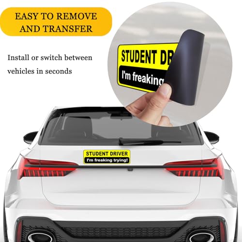 Image of NIMONA Student Driver Magnet for Car - Funny 2 Pack Please Be Patient Removable Magnetic Bumper Sticker Set - Reflective New Driver Safety Sign - Weather-Resistant - 10 x 4 inch (Yellow)