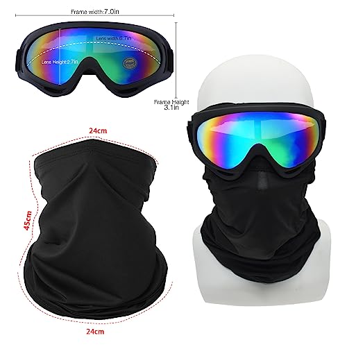 Image of LJDJ Motorcycle Goggles,2 Pack Dirt Bike ATV Motocross Riding Hiking Protective with 2 Pack Neck Breathable Bandana Mask (Black Frame /Multicolor Lens)