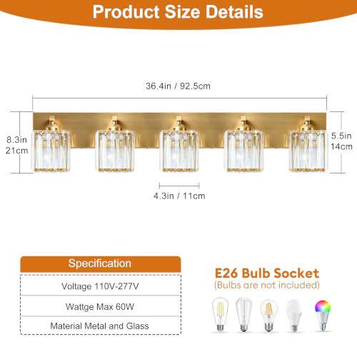 Image of Gold Crystal Bathroom Vanity Light, 5-Light Modern Bathroom Lighting Fixtures Over Mirror,Chrome Wall Sconce Light Fixtures with Square Shade