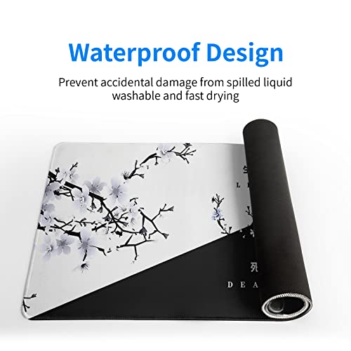 Black and White Japanese Cherry Blossom Gaming Mouse Pad Sakura Death Life Flower Mat 31.5x11.8 Inch Texture Non-Slip Rubber Base Mousepad Stitched Edges Keyboard Desk Pad