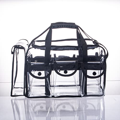 Wide Open Large Professional Clear PVC Travel Makeup Artist Set Bag Cosmetic Nails Beauty Bags Transparent Vinyl Tool Organizer Beach Bags Diaper Bag with 6 External Pockets & Strap (Black)2