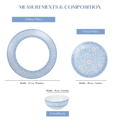 Image of GOLDEN QUEEN'S 18 Piece Dinner Set - Serving 6 | Perfect for Hosting and Daily Meals | Microwave Safe | Includes 6 Dinner Plates, 6 Small Bowls & 6 Side Plates (Blue & White Florals)