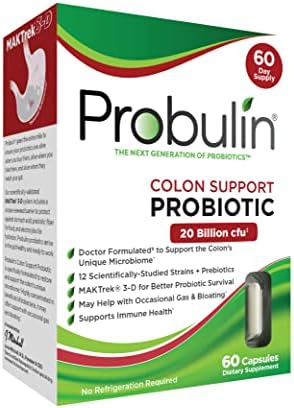 Probulin Colon Support Daily Probiotic + Prebiotic Supplement for Gut Health + Support for Occasional Gas and Bloating - Shipped Cold & Protected - 20 Billion CFU - 12 Strains - 60 Vegan Capsules