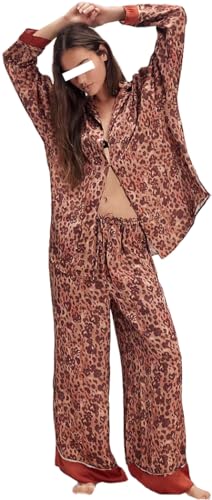 Image of LILTWIST Silk Satin Pajamas Set for Women 2 Piece Floral Pjs Wide Leg Lounge Pants Set Long Sleeve Button down Pj Shirts Set