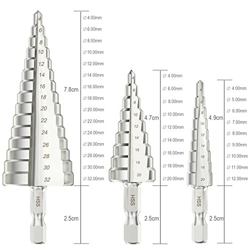 flintronic Wiertło stopniowe, 3 szt., 4 mm do 12, 20, 32 mm, stal szybkotnąca HSS z powłoką tytanową, wiertło z podwójnym rowkiem do tworzywa sztucznego, drewna, metalu