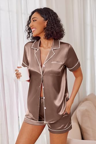 Image of Ekouaer Womens Satin Silk 2 Piece Pajamas Set Short Sleeve Sleepwear | Button Down Top and Shorts Loungewear Set for Sleep, Home, Wedding, Travel, Party, Daily Wear & Great for Sharing