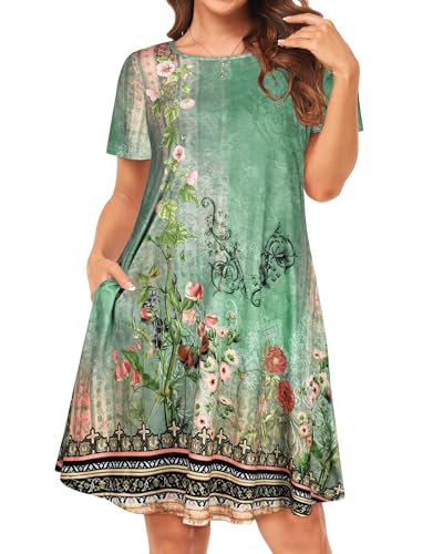 Image of Womens Summer Dresses Beach Casual Loose Tshirt Floral Short Sleeve Flowy Pockets Sundresses 2026
