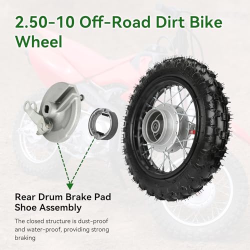 Image of 2.50-10 Dirt Bike Rear Wheel Drum Brake Assembly Compatible with CRF50 XR50 TTR50 SSR Taotao Apollo, 2.5-10 2.50x10 Tire & Rim for 50cc 70cc 90cc 110cc Pit Bike Off Road Motorcycle Parts