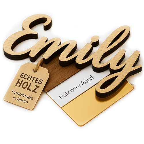 TIEFENWERK® Individueller Schriftzug Holz & Acrylglas - optional 3D-Effekt mit Konturträger - Namensschild als Wanddeko, Türschild, Kinderzimmer, Hochzeit Tischdeko, Geschenk selbstklebend (ein Name)