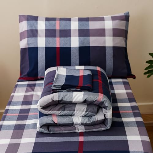 Image of Wellboo Navy Blue Plaid Toddler Bedding Sets for Girls Boys Geometric Tartan 4 Pieces Soft Crib Bed Set Including Comforter, Sheets and Pillowcase Kids Preppy Buffalo Check Quilt Warm