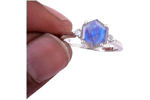 Natural Rainbow Moonstone & Simulated Diamond Ring in Sterling Silver