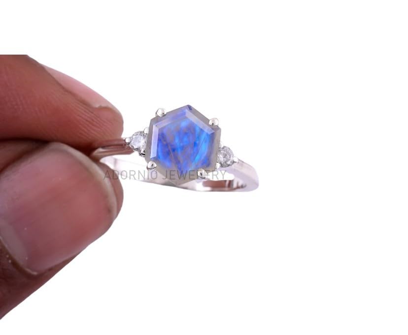 Solid 925 Sterling Silver Ring For Womens Natural Rainbow Moonstone Simulated Diamond Ring Sterling Silver Statement Ring June Birthstone Hexagon Gemstone Ring