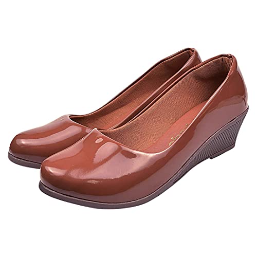 Sapato Scarpin Verniz Anabela Marrom Salto Médio Eleganteria Tamanho:36;Cor:Marrom