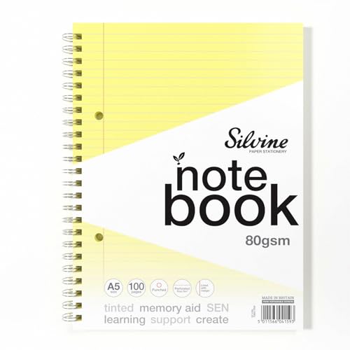 Image of Silvine A5 Yellow Paper Dyslexia Notebook | 100 Wirebound Pages, 80gsm Tinted Paper for SEN Supportive Learning & Memory Aid