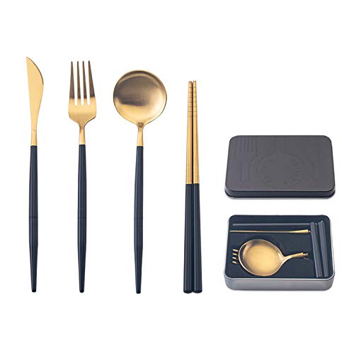 Cesa Beams Portable Carry-On Cutlery Set - Camping, Outdoor, Leisure - Original 4-Piece Set + 1 Storage Box - Cutlery, Cutlery Set, Cutlery Gold - Stylish Gold Nordic - Spoon, Fork, Chopsticks, Camp :