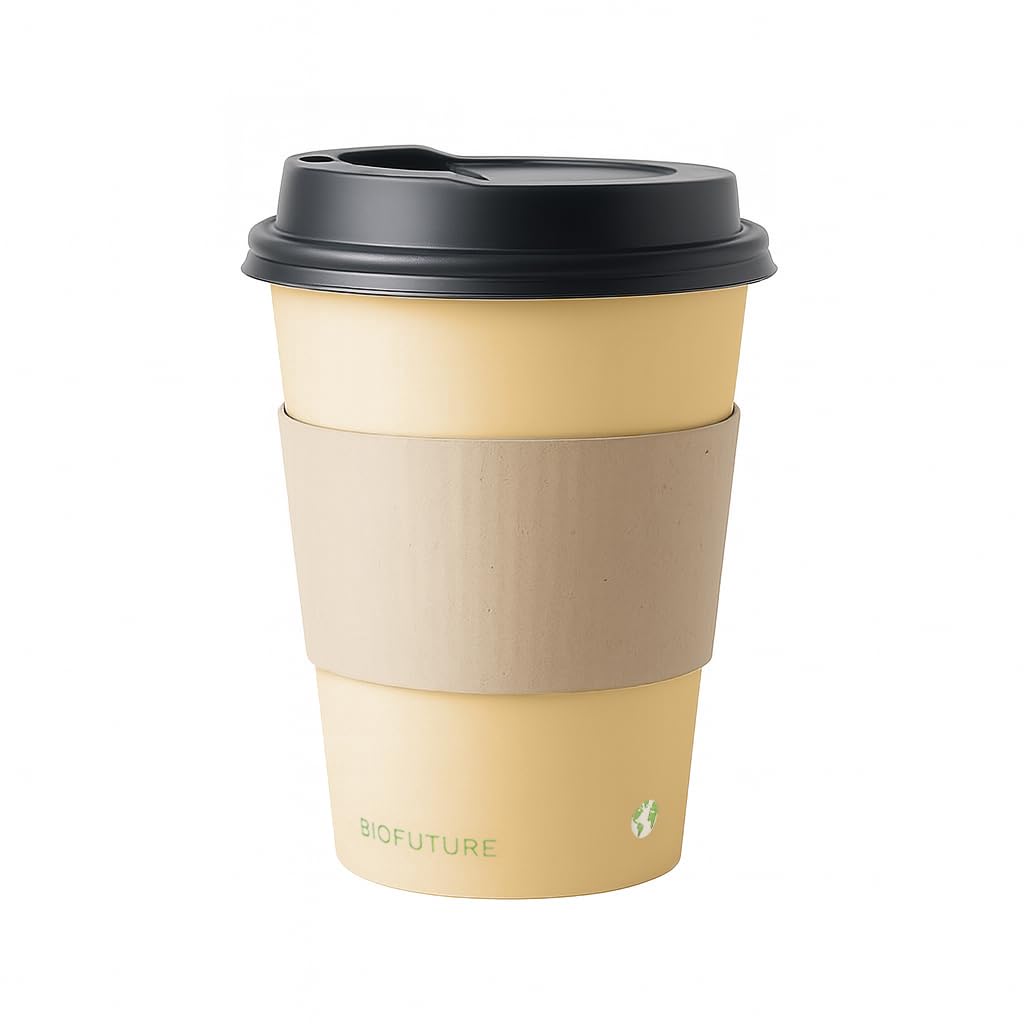 BIOFUTURE 50 x 16oz Takeaway Disposable Coffee Cups with Black Lids and Sleeves – EN 13432 Certified, Biodegradable and Compostable Paper Cups for Coffee, Tea, and Hot Drinks (Sand)