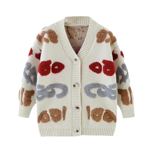 Girls' Three Dimensional Patterned Long Sleeved v-Neck Cardigan Knitted Fashionable Sweater Long Coat