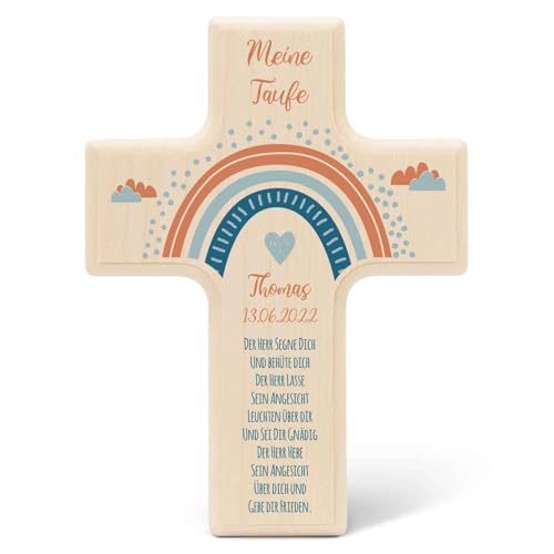 GRAVURZEILE Personalisiertes Kinderkreuz zur Taufe Kommunion und Konfirmation - Regenbogen - Holzkreuz für Kinder personalisiert mit Text - Personalisierte Geschenke für Jungen und Mädchen - Blau