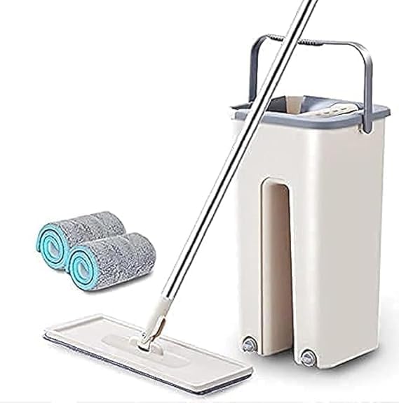 2 in 1 Scratch Moop for Floor Cleaning Long Handled Microfiber Flat Mop with Bucket Cleaning Squeeze Hand Free Floor Mop Extra 2 Reusable Moop Pads (A2)-image-32
