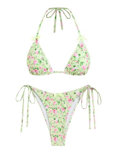 ZAFUL Bikini Sets for Women Halter Bow Decor Tiny Floral Gingham Print Swimsuit Tie Side 2 Pieces Bathing Suit(1-Light Green, M)