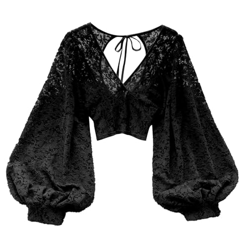 Blusas de moda 2025, blusa de encaje transparente sin espalda para mujer, blusa corta ajustada con detalle de corbata, perfecta para otoño, versátil y elegante, Negro, Altoa única