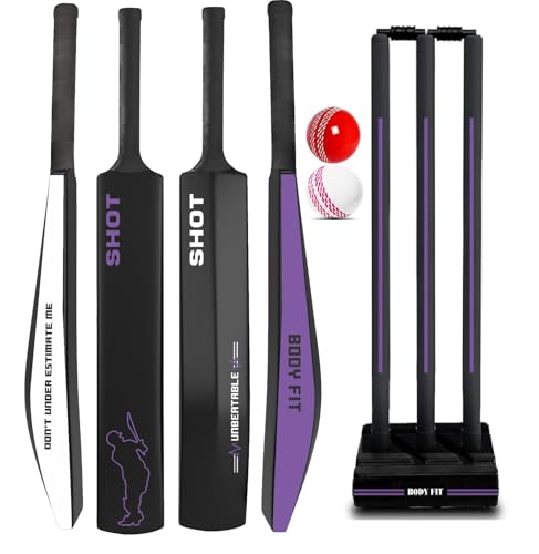 Image of Bodyfit Shot Premium Cricket Bat for Men, Women & Children | Lightweight| Full Size| | Hard Plastic Bat| Premium Cricket Wicket Set l 3 Stumps+2 Bails+1 Stand Set, 2 Balls Purple.