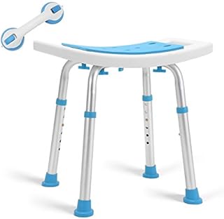 Health Line Massage Products Shower Stool 350lbs Bath Seat Chair, Tool-Free Assembly Height Adjustable Bath Bench w/Paded Seat and Assist Grab Bar for Seniors, Elderly, Disabled, Handicap and Injured