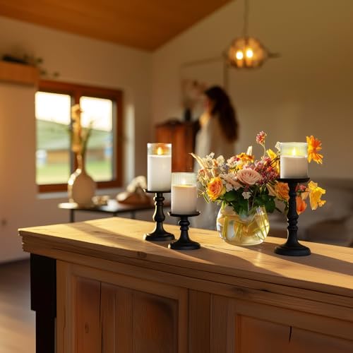 Image of Amagic Glass Flameless Candles with Remote, Battery Operated Candles with Timer, Real Wax LED Pillar Candles with Flickering Flame for Home Wedding Fall Decor, White, Set of 3