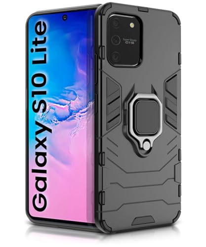 Image of WOW IMAGINE Shock Proof Back Case Mobile Cover for Samsung Galaxy S10 Lite | Back Cover Case (Tough Armor | Hybrid PC + TPU | Ring Holder & in-Built Kickstand | Black)