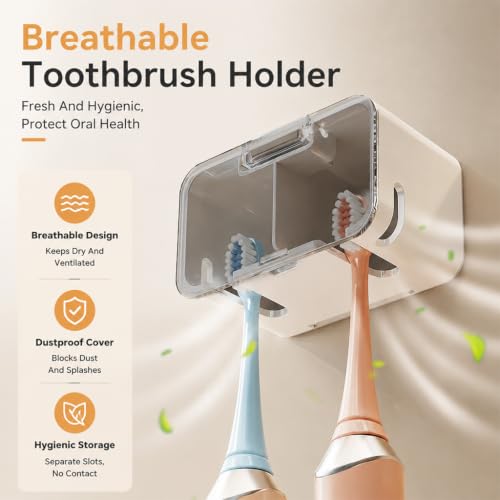 Image of HASTHIP Wall Mounted Toothbrush Holder with Cover 2 Slot Organizer