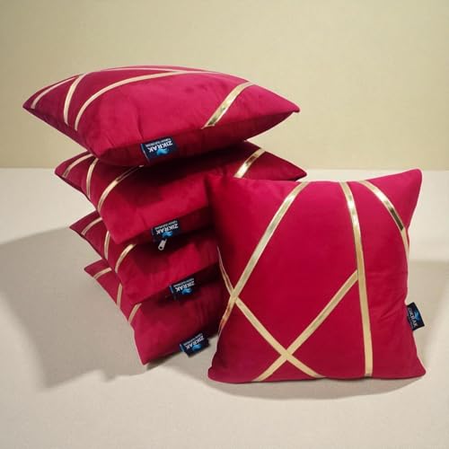 Image of Zikrak Besur Gold Stripe On Velvet|Pack of 5 Cushion Cover|for Home Decoration|Living Room Decor|Hotel Premeuim Quality Cushion Cover|Exclusive ON Amazon (Maroon, 24 X 24 INCH(60 X 60 CM))