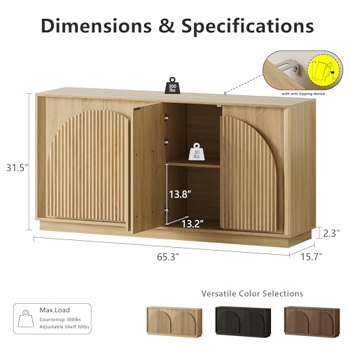 win2win Fluted Sideboard Buffet Cabinet with Storage, 65" Modern Accent Cabinet with Double-Layered Arch Doors, Wood Boho Media TV Console Table Credenza for Living Dining Room Hallway Entryway, Oak - Image 3