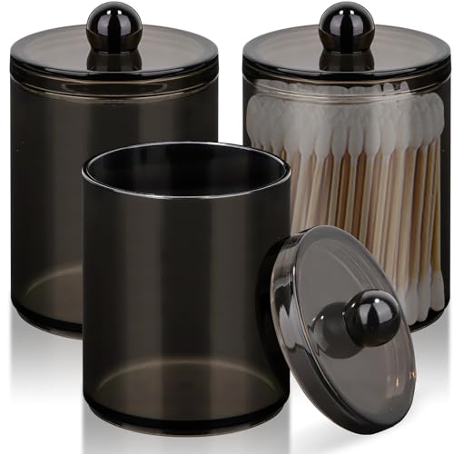 Lucywey Lot de 3 Boite Coton Tige, Boîte de Rangement Transparent avec Couvercles, rangement coton distributeur coton tige pour Salle de Bain Chambre (Noir)