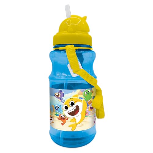 Babyshark Plastic Water Bottle with Straw and Strap for School 540 ml Capacity Transparent