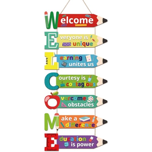 Image of HPNIUB Welcome Classroom Door Sign, Pencil Motivational Quote Decorations with Apple Ruler Cartoon, Colorful First Day of School Wooden Hanging Sign for Preschool Middle School Classroom Kindergarten