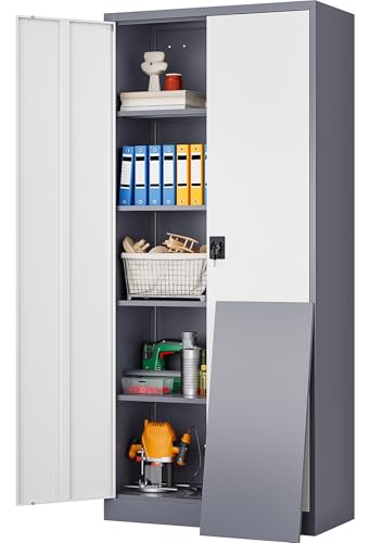 Image of Wide & Deep Metal Storage Cabinet with Shelves,72 inch Tall Garage Storage Cabinet with Lock,Gray White Metal Cabinets with Locking Doors,Large Steel Lockable Cabinets for Home,Office,Shop,Garage