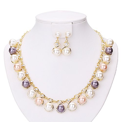 Gems&Silver Romantic Set Pearl Necklace and Earrings 3 Colors 18K Gold Plated with Rhinestones