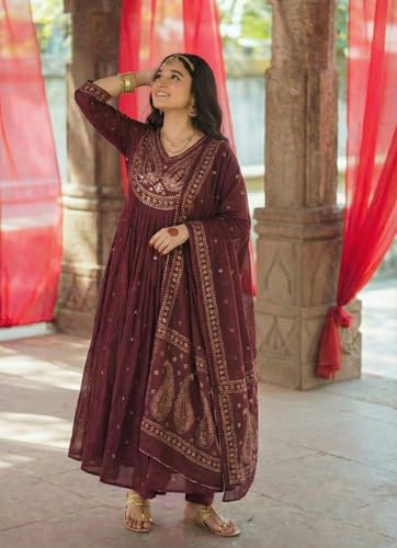 Image of GoSriKi Rust Anarkali Kurta Set for Women with Dupatta | Cotton Kurti Set for Woman | Embroidered Anarkali Suit for Women Kurti Pant Set with Dupatta | Suit Set for Women Latest